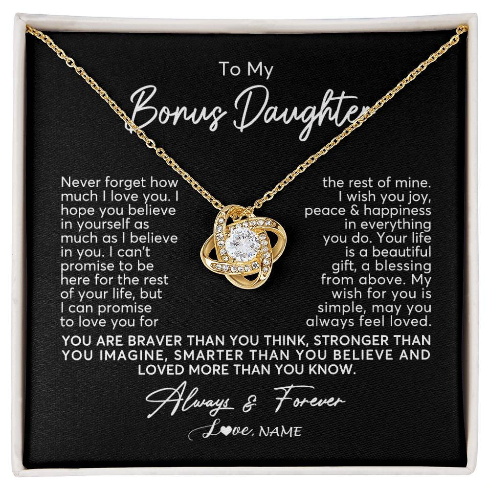 Love Knot Necklace 18K Yellow Gold Finish | Personalized To My Bonus Daughter Necklace From Stepmom Never Forget How Much I Love You Stepdaughter Birthday Christmas Customized Gift Box Message Card | siriusteestore