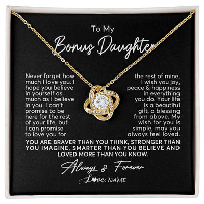 Love Knot Necklace 18K Yellow Gold Finish | Personalized To My Bonus Daughter Necklace From Stepmom Never Forget How Much I Love You Stepdaughter Birthday Christmas Customized Gift Box Message Card | siriusteestore