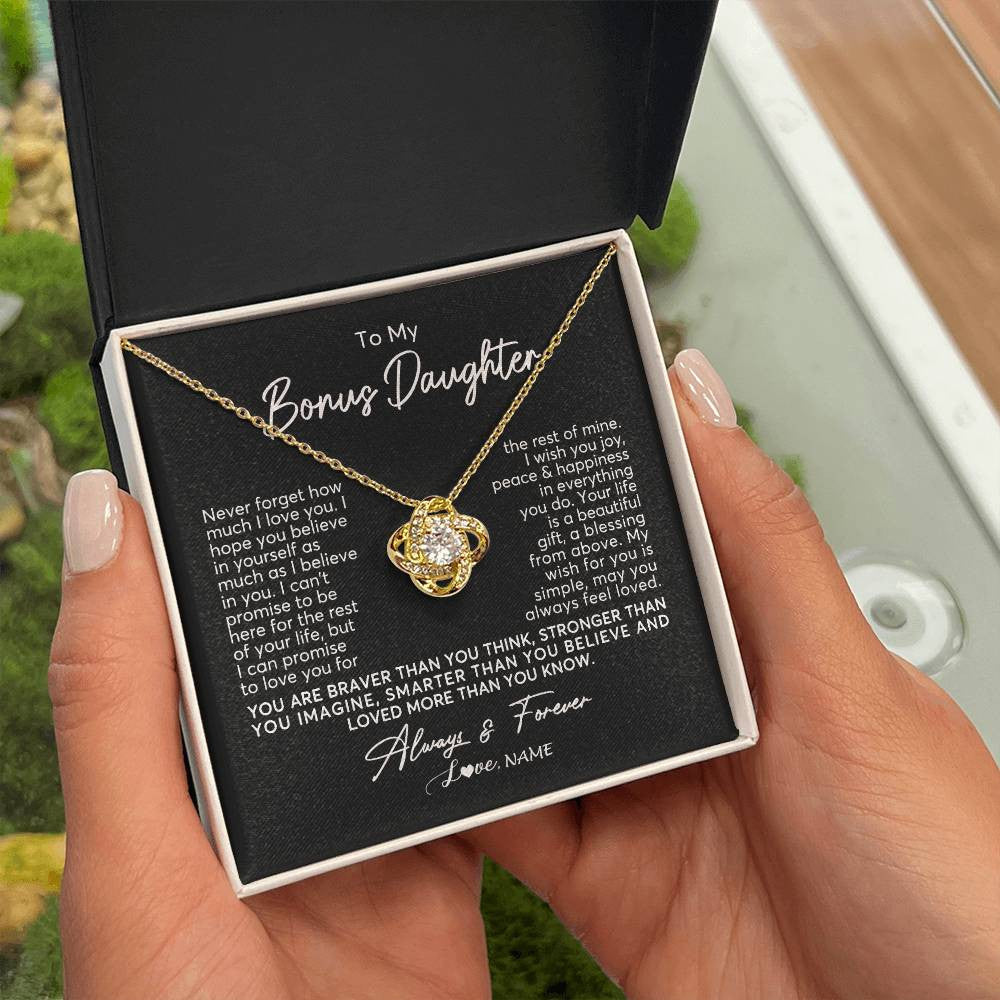Love Knot Necklace 18K Yellow Gold Finish | Personalized To My Bonus Daughter Necklace From Stepmom Never Forget How Much I Love You Stepdaughter Birthday Christmas Customized Gift Box Message Card | siriusteestore
