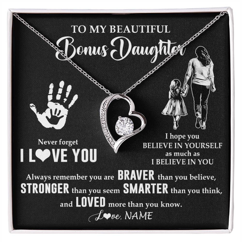 Forever Love Necklace 14K White Gold Finish | 1 | Personalized To My Bonus Daughter Necklace From Stepmom Never Forget I Love You Stepdaughter Birthday Christmas Graduation Customized Gift Box Message Card | siriusteestore