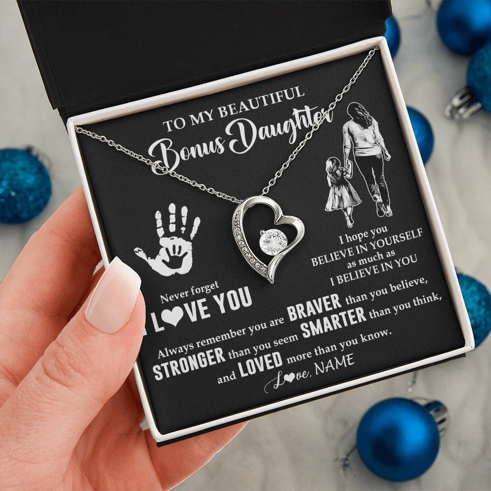 Forever Love Necklace 14K White Gold Finish | 2 | Personalized To My Bonus Daughter Necklace From Stepmom Never Forget I Love You Stepdaughter Birthday Christmas Graduation Customized Gift Box Message Card | siriusteestore
