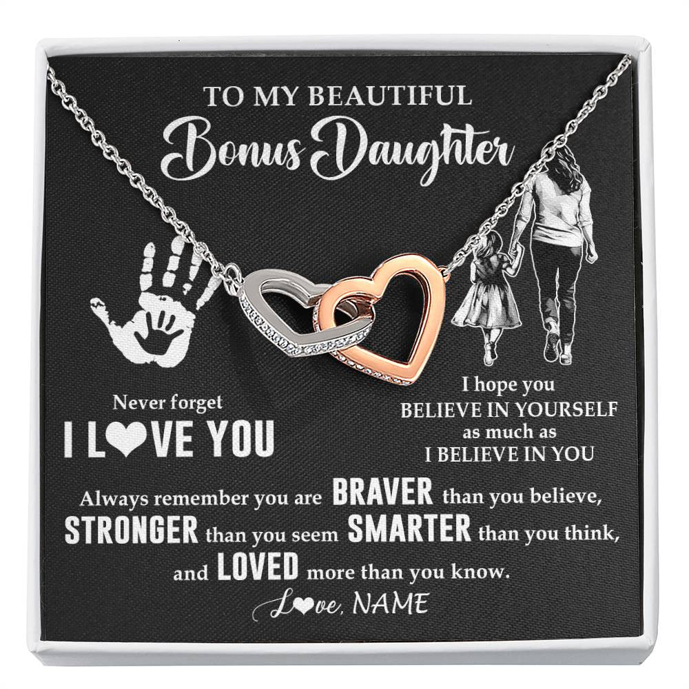 Interlocking Hearts Necklace Stainless Steel & Rose Gold Finish | 1 | Personalized To My Bonus Daughter Necklace From Stepmom Never Forget I Love You Stepdaughter Birthday Christmas Graduation Customized Gift Box Message Card | siriusteestore