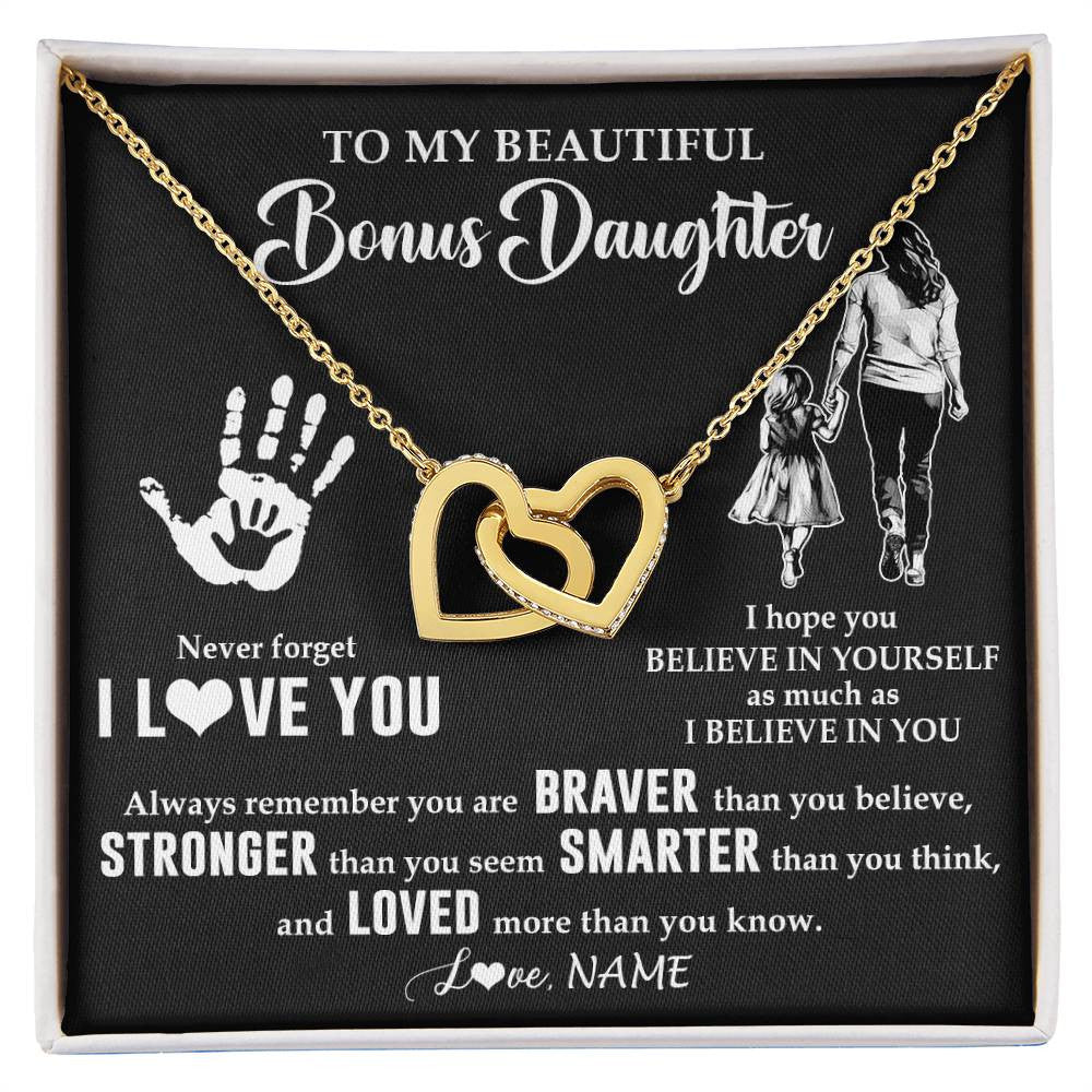 Interlocking Hearts Necklace 18K Yellow Gold Finish | 1 | Personalized To My Bonus Daughter Necklace From Stepmom Never Forget I Love You Stepdaughter Birthday Christmas Graduation Customized Gift Box Message Card | siriusteestore