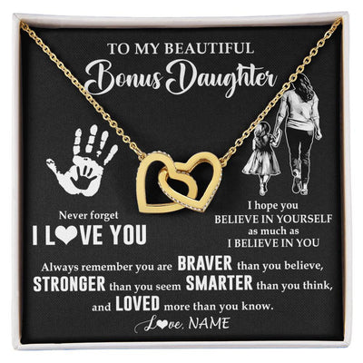 Interlocking Hearts Necklace 18K Yellow Gold Finish | 1 | Personalized To My Bonus Daughter Necklace From Stepmom Never Forget I Love You Stepdaughter Birthday Christmas Graduation Customized Gift Box Message Card | siriusteestore