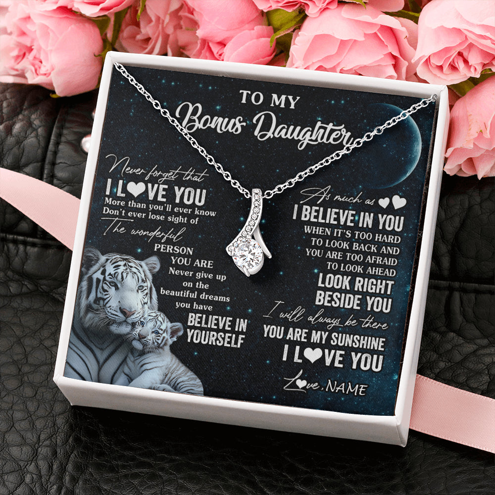 Alluring Beauty Necklace 14K White Gold Finish | 2 | Personalized To My Bonus Daughter Necklace From Stepmom Never Forget I Love You White Tiger Stepdaughter Birthday Christmas Customized Gift Box Message Card | siriusteestore