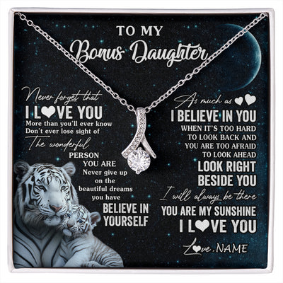 Alluring Beauty Necklace 14K White Gold Finish | 1 | Personalized To My Bonus Daughter Necklace From Stepmom Never Forget I Love You White Tiger Stepdaughter Birthday Christmas Customized Gift Box Message Card | siriusteestore