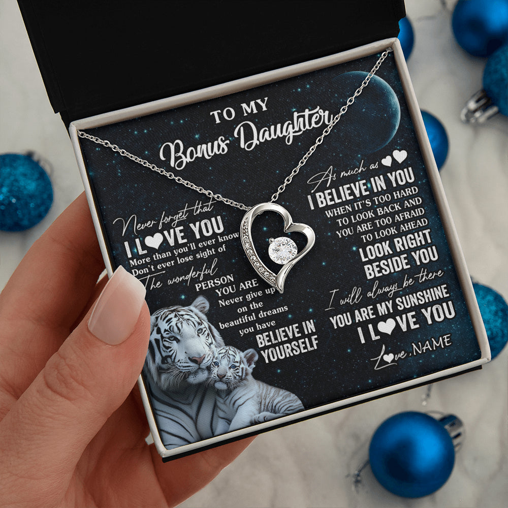Forever Love Necklace 14K White Gold Finish | 2 | Personalized To My Bonus Daughter Necklace From Stepmom Never Forget I Love You White Tiger Stepdaughter Birthday Christmas Customized Gift Box Message Card | siriusteestore