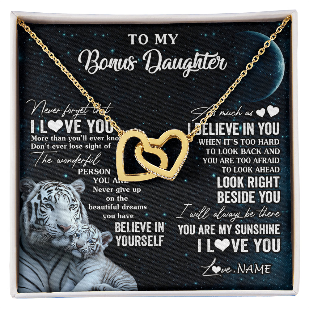 Interlocking Hearts Necklace 18K Yellow Gold Finish | 1 | Personalized To My Bonus Daughter Necklace From Stepmom Never Forget I Love You White Tiger Stepdaughter Birthday Christmas Customized Gift Box Message Card | siriusteestore