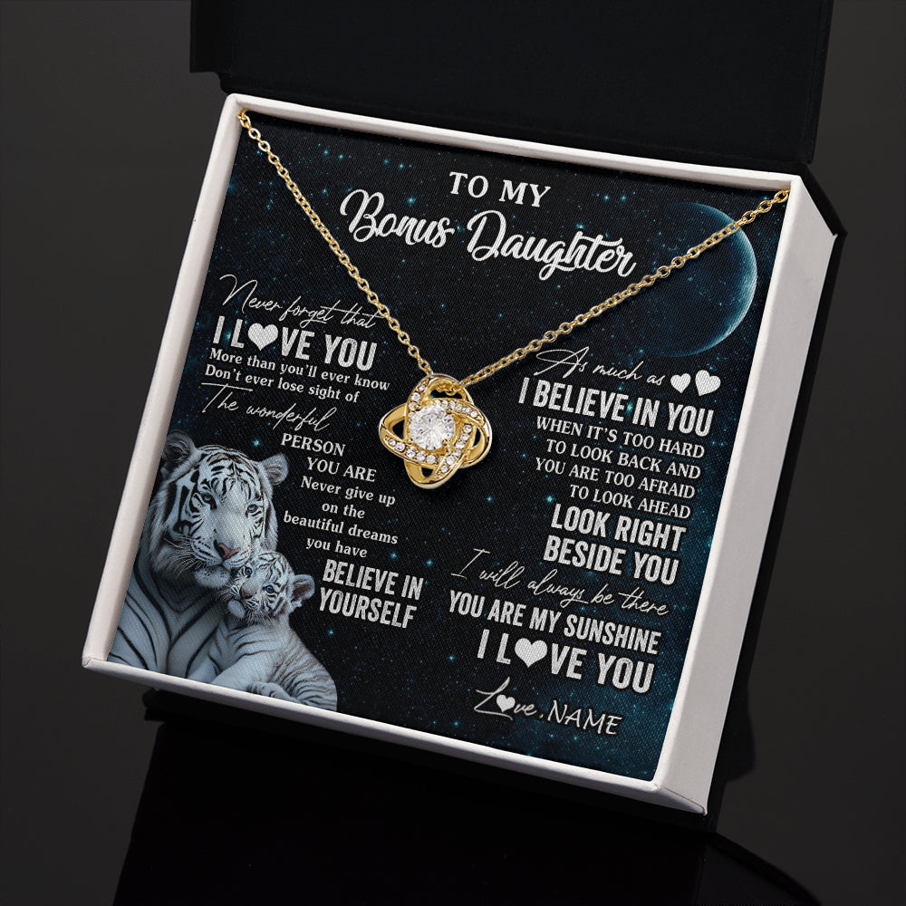 Love Knot Necklace 18K Yellow Gold Finish | 2 | Personalized To My Bonus Daughter Necklace From Stepmom Never Forget I Love You White Tiger Stepdaughter Birthday Christmas Customized Gift Box Message Card | siriusteestore