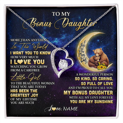 Forever Love Necklace 14K White Gold Finish | 1 | Personalized To My Bonus Daughter Necklace From Stepmom Positive Energy Encourage Brave Little Bear Birthday Gifts Christmas Customized Gift Box Message Card | siriusteestore