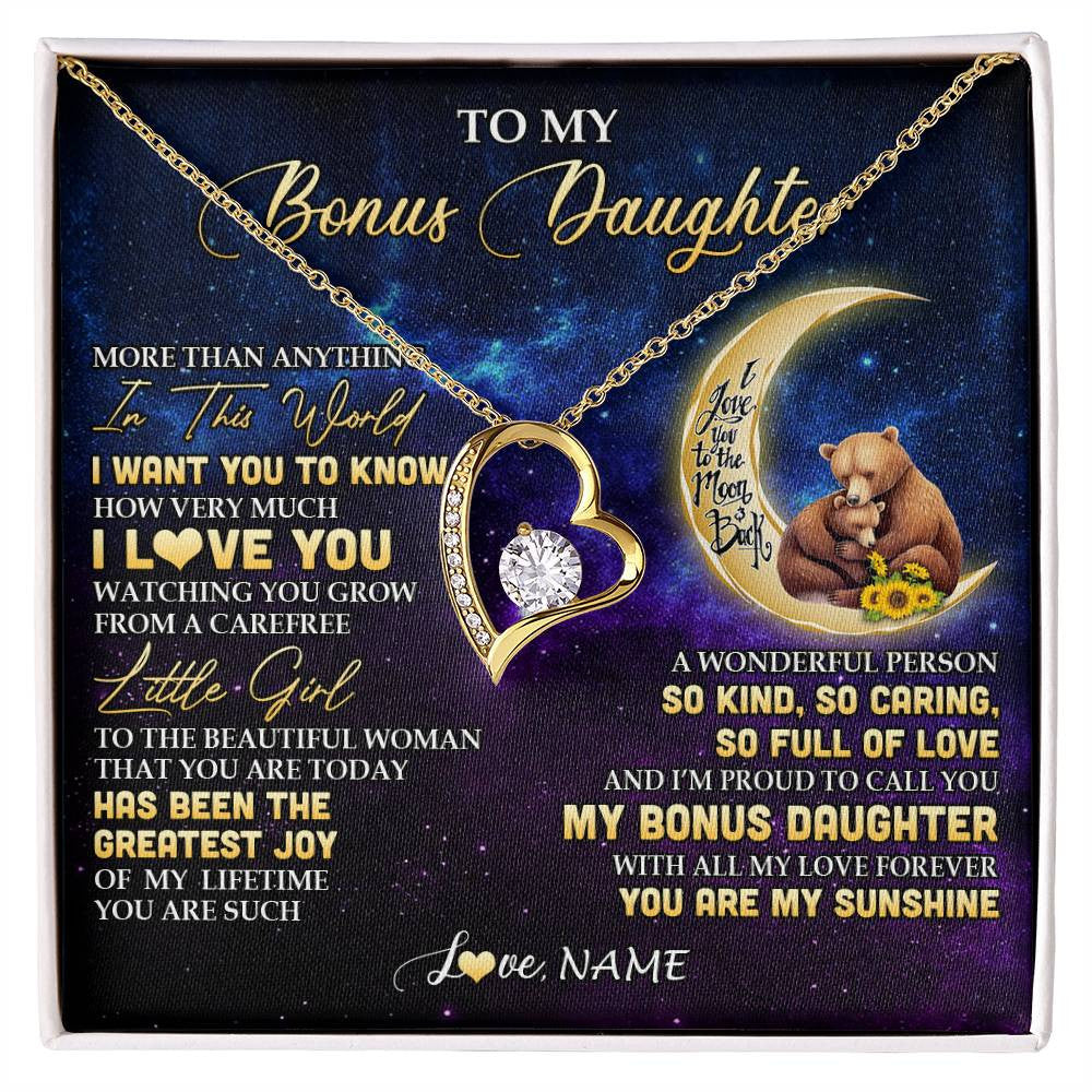 Forever Love Necklace 18K Yellow Gold Finish | 1 | Personalized To My Bonus Daughter Necklace From Stepmom Positive Energy Encourage Brave Little Bear Birthday Gifts Christmas Customized Gift Box Message Card | siriusteestore