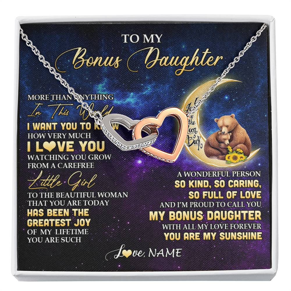 Interlocking Hearts Necklace Stainless Steel & Rose Gold Finish | 1 | Personalized To My Bonus Daughter Necklace From Stepmom Positive Energy Encourage Brave Little Bear Birthday Gifts Christmas Customized Gift Box Message Card | siriusteestore