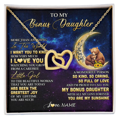 Interlocking Hearts Necklace 18K Yellow Gold Finish | 1 | Personalized To My Bonus Daughter Necklace From Stepmom Positive Energy Encourage Brave Little Bear Birthday Gifts Christmas Customized Gift Box Message Card | siriusteestore