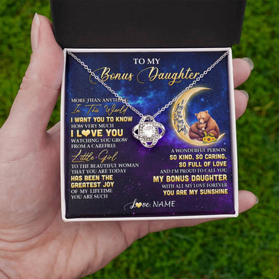 Love Knot Necklace 14K White Gold Finish | 2 | Personalized To My Bonus Daughter Necklace From Stepmom Positive Energy Encourage Brave Little Bear Birthday Gifts Christmas Customized Gift Box Message Card | siriusteestore