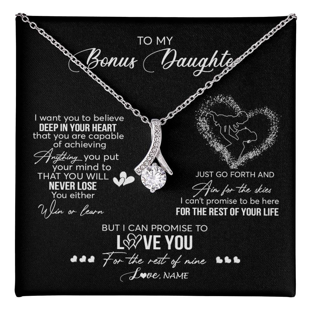 Alluring Beauty Necklace 14K White Gold Finish | 1 | Personalized To My Bonus Daughter Necklace From Stepmom Promise To Love You Stepdaughter Birthday Christmas Pendant Customized Gift Box Message Card | siriusteestore