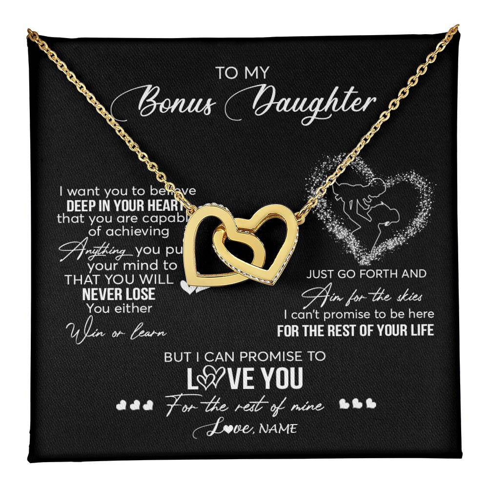 Interlocking Hearts Necklace 18K Yellow Gold Finish | 1 | Personalized To My Bonus Daughter Necklace From Stepmom Promise To Love You Stepdaughter Birthday Christmas Pendant Customized Gift Box Message Card | siriusteestore