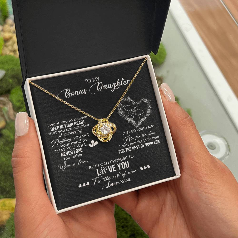 Love Knot Necklace 18K Yellow Gold Finish | 2 | Personalized To My Bonus Daughter Necklace From Stepmom Promise To Love You Stepdaughter Birthday Christmas Pendant Customized Gift Box Message Card | siriusteestore