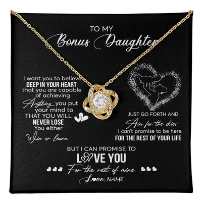 Love Knot Necklace 18K Yellow Gold Finish | 1 | Personalized To My Bonus Daughter Necklace From Stepmom Promise To Love You Stepdaughter Birthday Christmas Pendant Customized Gift Box Message Card | siriusteestore