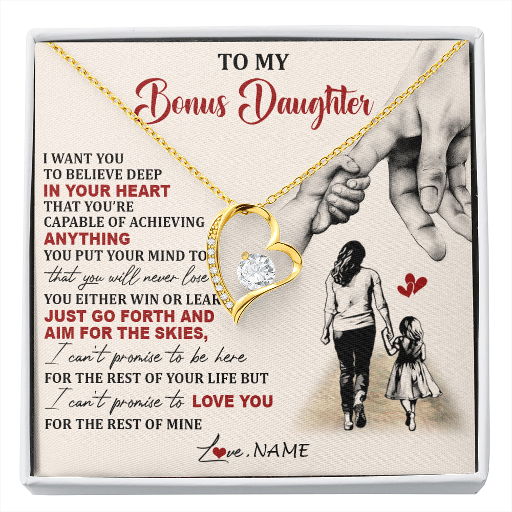Forever Love Necklace 18K Yellow Gold Finish | 1 | Personalized To My Bonus Daughter Necklace From Stepmom Promise To Love You Stepddaughter Birthday Valentines Day Christmas Customized Gift Box Message Card | siriusteestore