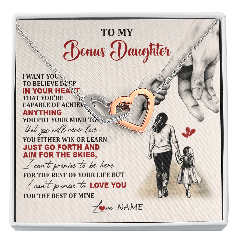 Interlocking Hearts Necklace Stainless Steel & Rose Gold Finish | 1 | Personalized To My Bonus Daughter Necklace From Stepmom Promise To Love You Stepddaughter Birthday Valentines Day Christmas Customized Gift Box Message Card | siriusteestore