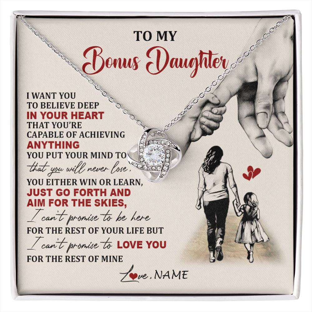 Love Knot Necklace 14K White Gold Finish | 1 | Personalized To My Bonus Daughter Necklace From Stepmom Promise To Love You Stepddaughter Birthday Valentines Day Christmas Customized Gift Box Message Card | siriusteestore