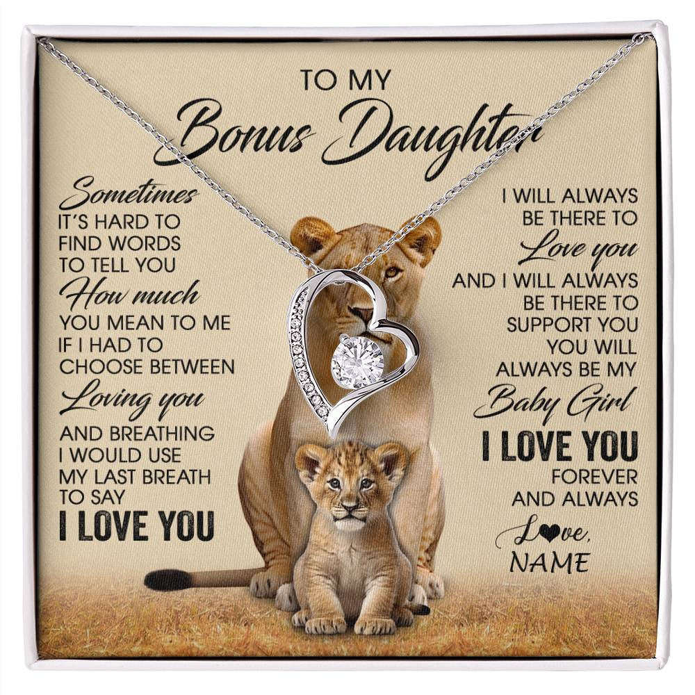 Forever Love Necklace 14K White Gold Finish | 1 | Personalized To My Bonus Daughter Necklace From Stepmom Sometimes It's Hard Lion Stepdaughter Gift Birthday Jewelry Christmas Customized Gift Box Message Card | siriusteestore