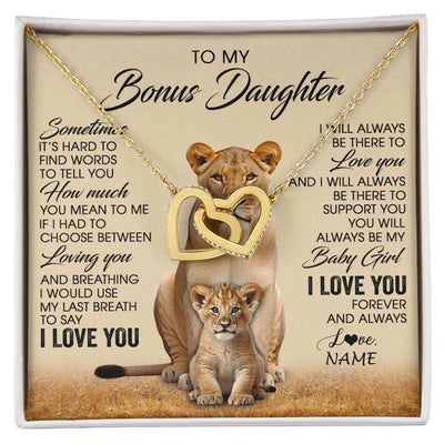 Interlocking Hearts Necklace 18K Yellow Gold Finish | 1 | Personalized To My Bonus Daughter Necklace From Stepmom Sometimes It's Hard Lion Stepdaughter Gift Birthday Jewelry Christmas Customized Gift Box Message Card | siriusteestore