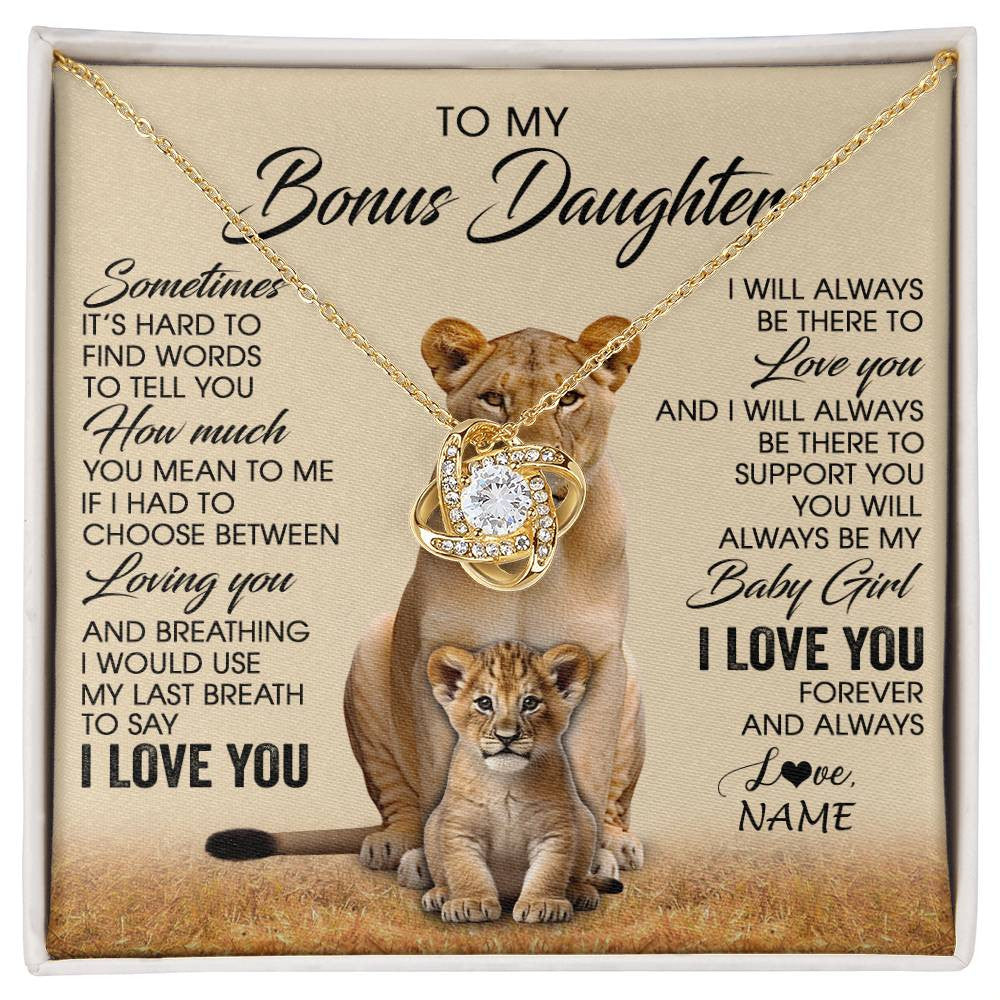 Love Knot Necklace 18K Yellow Gold Finish | 1 | Personalized To My Bonus Daughter Necklace From Stepmom Sometimes It's Hard Lion Stepdaughter Gift Birthday Jewelry Christmas Customized Gift Box Message Card | siriusteestore