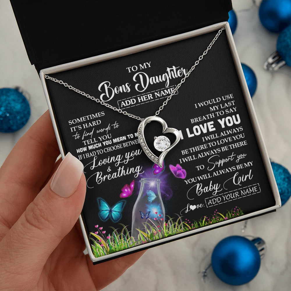 Forever Love Necklace 14K White Gold Finish | 2 | Personalized To My Bonus Daughter Necklace From Stepmom Stepdad Butterfly Sometimes Say I Love You Stepdaughter Birthday Christmas Gift Box Message Card | siriusteestore.myshopify