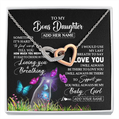 Interlocking Hearts Necklace Stainless Steel & Rose Gold Finish | 1 | Personalized To My Bonus Daughter Necklace From Stepmom Stepdad Butterfly Sometimes Say I Love You Stepdaughter Birthday Christmas Gift Box Message Card | siriusteestore.myshopify
