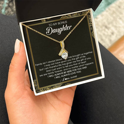 Alluring Beauty Necklace 18K Yellow Gold Finish | Personalized To My Bonus Daughter Necklace From Stepmom Stepdad Family Forever Stepdaughter Jewelry Birthday Christmas Customized Gift Box Message Card | siriusteestore