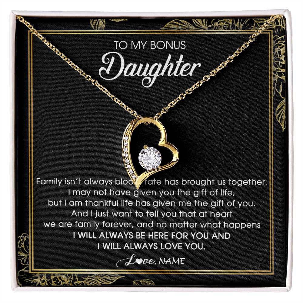 Forever Love Necklace 18K Yellow Gold Finish | Personalized To My Bonus Daughter Necklace From Stepmom Stepdad Family Forever Stepdaughter Jewelry Birthday Christmas Customized Gift Box Message Card | siriusteestore