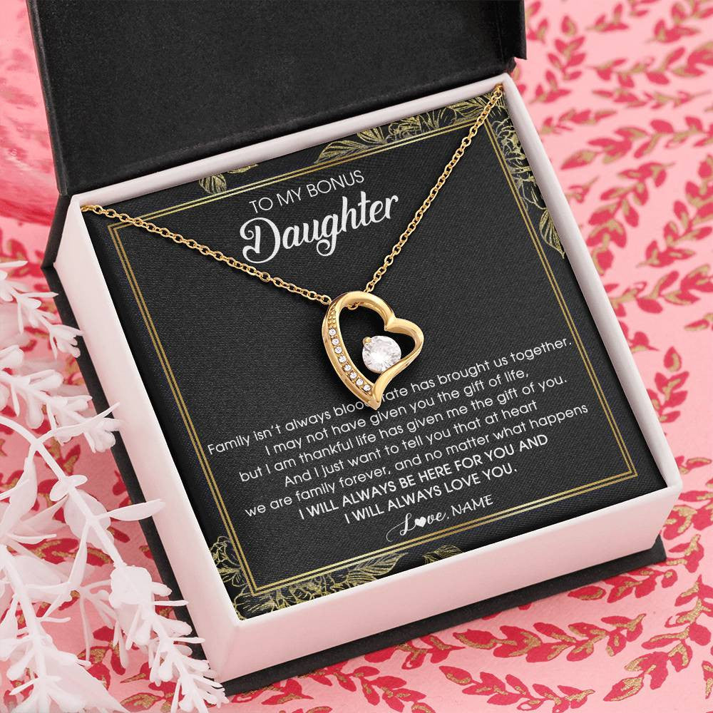 Forever Love Necklace 18K Yellow Gold Finish | Personalized To My Bonus Daughter Necklace From Stepmom Stepdad Family Forever Stepdaughter Jewelry Birthday Christmas Customized Gift Box Message Card | siriusteestore
