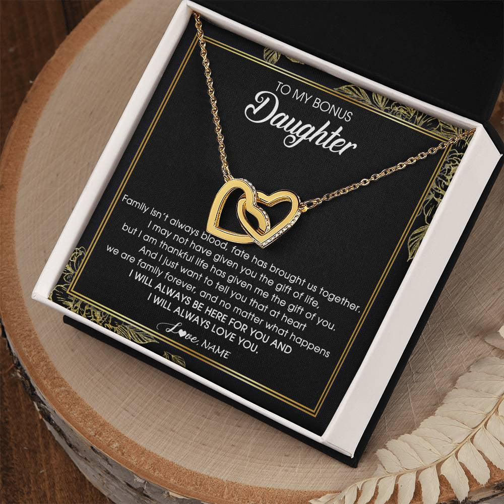 Interlocking Hearts Necklace 18K Yellow Gold Finish | Personalized To My Bonus Daughter Necklace From Stepmom Stepdad Family Forever Stepdaughter Jewelry Birthday Christmas Customized Gift Box Message Card | siriusteestore
