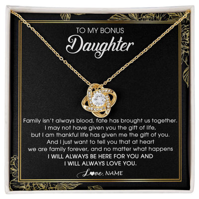 Love Knot Necklace 18K Yellow Gold Finish | Personalized To My Bonus Daughter Necklace From Stepmom Stepdad Family Forever Stepdaughter Jewelry Birthday Christmas Customized Gift Box Message Card | siriusteestore