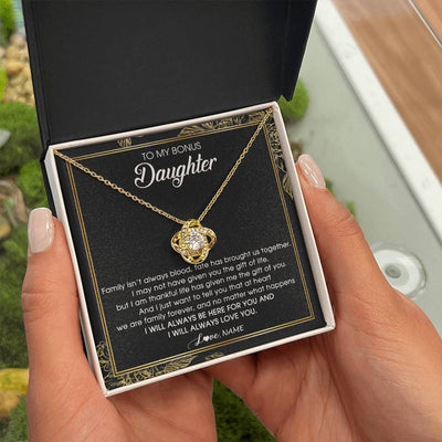 Love Knot Necklace 18K Yellow Gold Finish | Personalized To My Bonus Daughter Necklace From Stepmom Stepdad Family Forever Stepdaughter Jewelry Birthday Christmas Customized Gift Box Message Card | siriusteestore