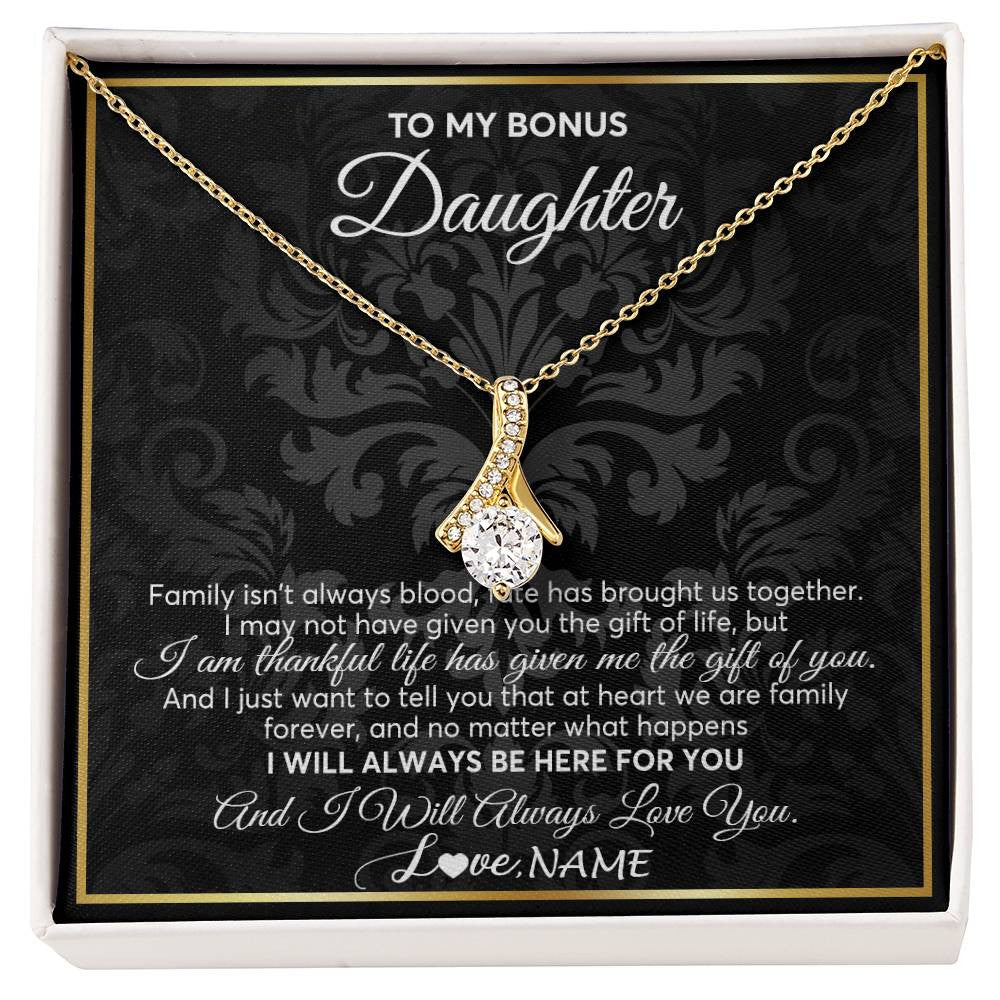 Alluring Beauty Necklace 18K Yellow Gold Finish | Personalized To My Bonus Daughter Necklace From Stepmom Stepdad Father Family Forever Stepdaughter Birthday Christmas Jewelry Customized Gift Box Message Card | siriusteestore