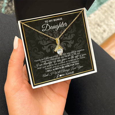 Alluring Beauty Necklace 18K Yellow Gold Finish | Personalized To My Bonus Daughter Necklace From Stepmom Stepdad Father Family Forever Stepdaughter Birthday Christmas Jewelry Customized Gift Box Message Card | siriusteestore