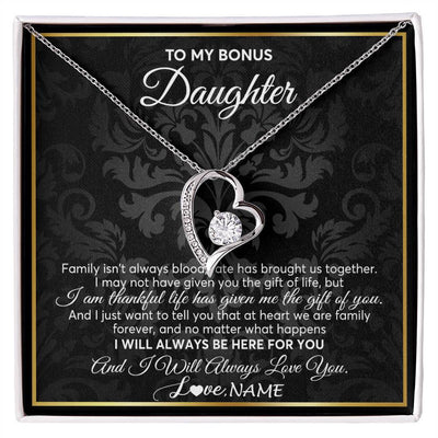 Forever Love Necklace 14K White Gold Finish | Personalized To My Bonus Daughter Necklace From Stepmom Stepdad Father Family Forever Stepdaughter Birthday Christmas Jewelry Customized Gift Box Message Card | siriusteestore