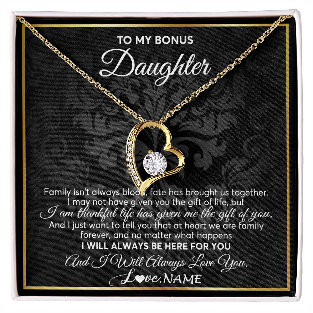 Forever Love Necklace 18K Yellow Gold Finish | Personalized To My Bonus Daughter Necklace From Stepmom Stepdad Father Family Forever Stepdaughter Birthday Christmas Jewelry Customized Gift Box Message Card | siriusteestore