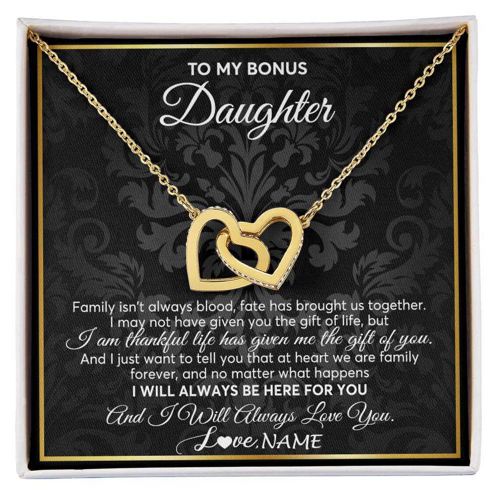 Interlocking Hearts Necklace 18K Yellow Gold Finish | Personalized To My Bonus Daughter Necklace From Stepmom Stepdad Father Family Forever Stepdaughter Birthday Christmas Jewelry Customized Gift Box Message Card | siriusteestore