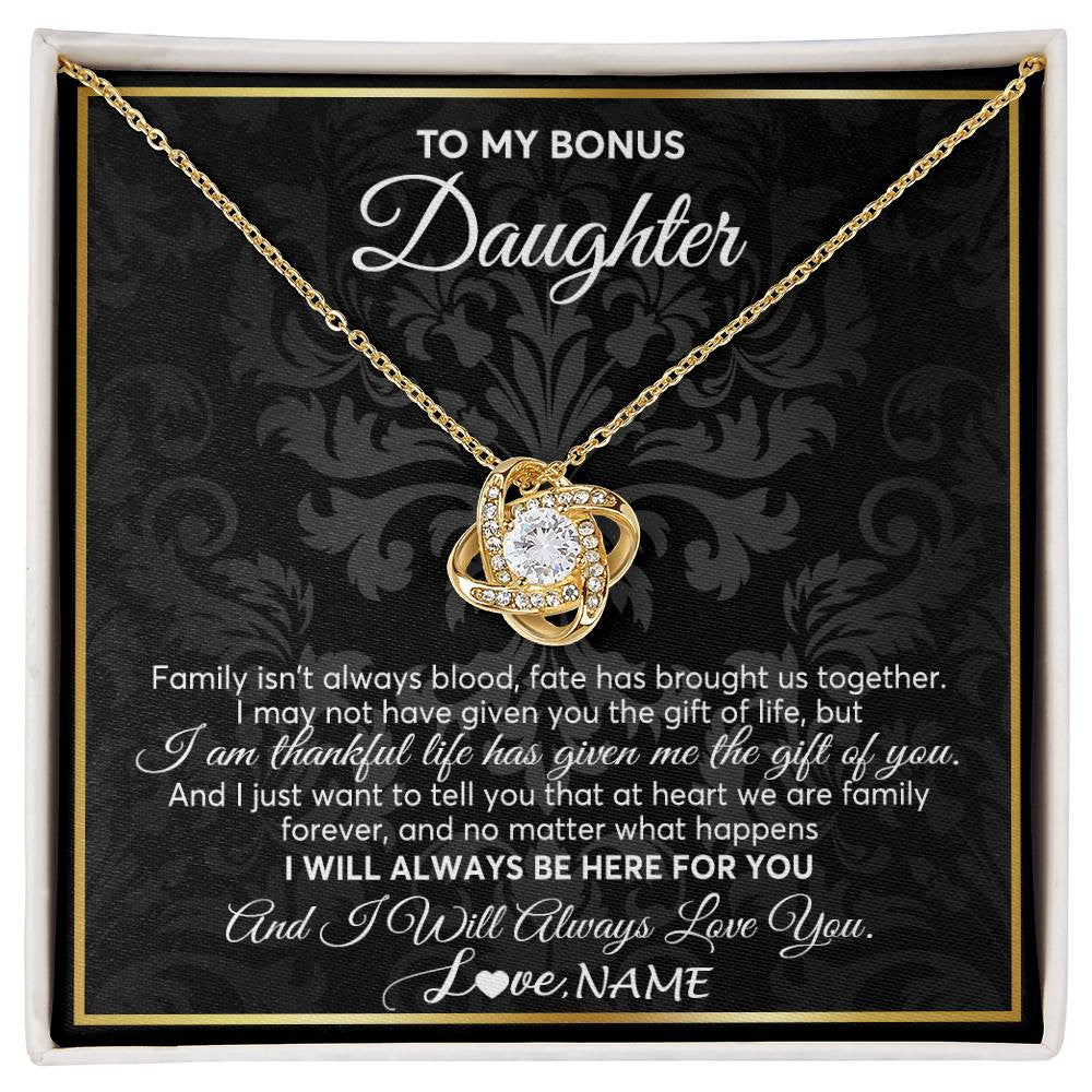Love Knot Necklace 18K Yellow Gold Finish | Personalized To My Bonus Daughter Necklace From Stepmom Stepdad Father Family Forever Stepdaughter Birthday Christmas Jewelry Customized Gift Box Message Card | siriusteestore