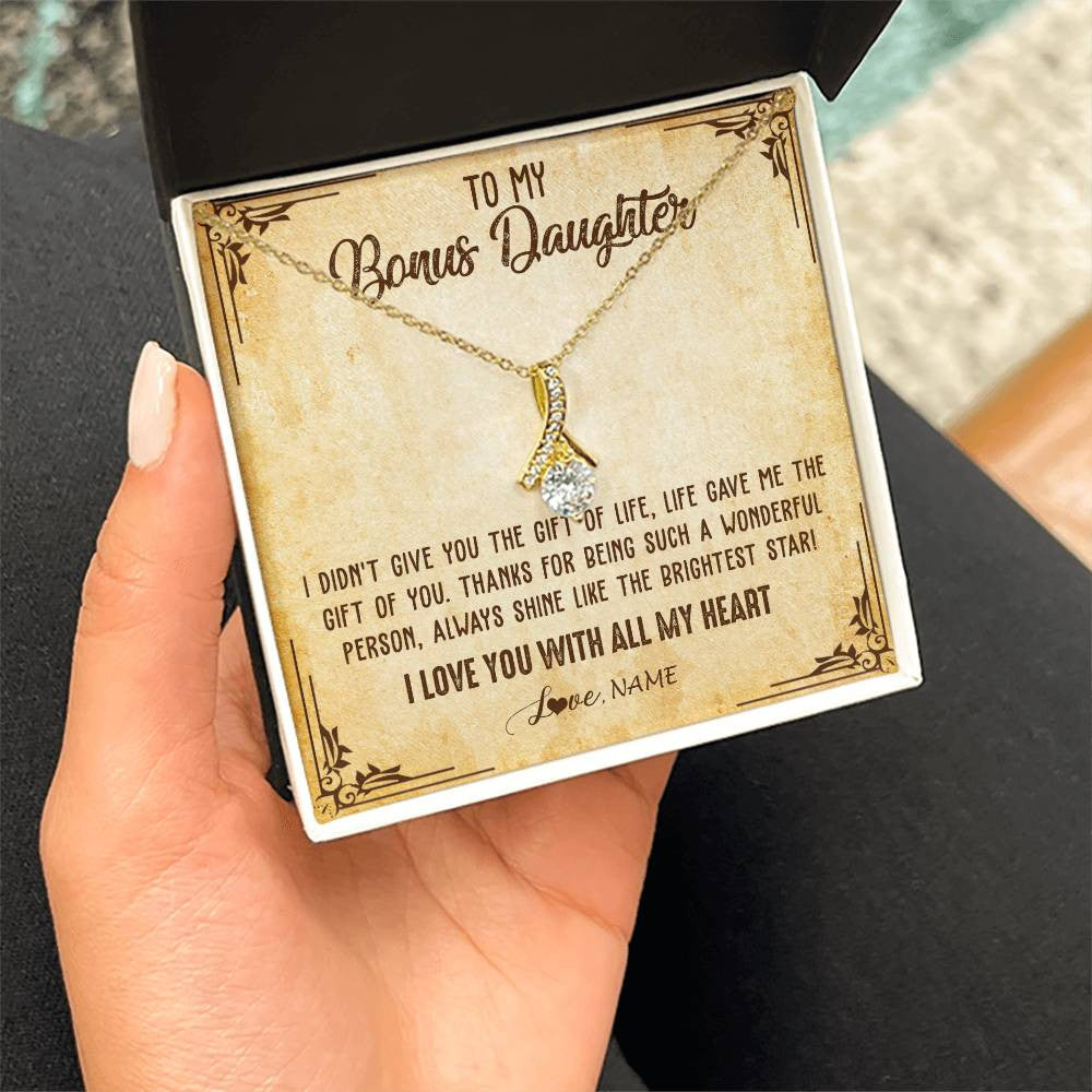 Alluring Beauty Necklace 18K Yellow Gold Finish | 2 | Personalized To My Bonus Daughter Necklace From Stepmom Stepdad I Love You With All My Heart Stepdaughter Birthday Christmas Customized Gift Box Message Card | siriusteestore