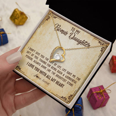 Forever Love Necklace 18K Yellow Gold Finish | 2 | Personalized To My Bonus Daughter Necklace From Stepmom Stepdad I Love You With All My Heart Stepdaughter Birthday Christmas Customized Gift Box Message Card | siriusteestore