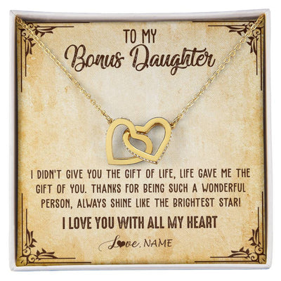 Interlocking Hearts Necklace 18K Yellow Gold Finish | 1 | Personalized To My Bonus Daughter Necklace From Stepmom Stepdad I Love You With All My Heart Stepdaughter Birthday Christmas Customized Gift Box Message Card | siriusteestore