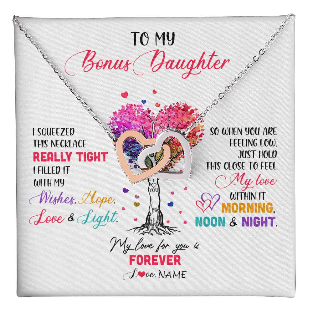 Interlocking Hearts Necklace Stainless Steel & Rose Gold Finish | 1 | Personalized To My Bonus Daughter Necklace From Stepmom Stepdad I Squeezed This Necklace Stepdaughter Birthday Christmas Customized Gift Box Message Card | siriusteestore