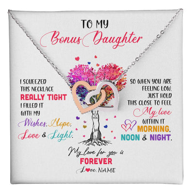 Interlocking Hearts Necklace Stainless Steel & Rose Gold Finish | 1 | Personalized To My Bonus Daughter Necklace From Stepmom Stepdad I Squeezed This Necklace Stepdaughter Birthday Christmas Customized Gift Box Message Card | siriusteestore