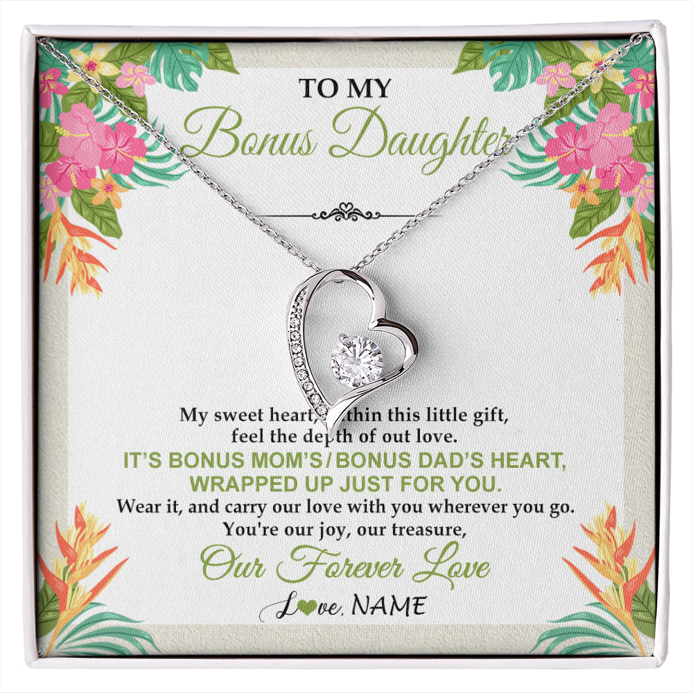Forever Love Necklace 14K White Gold Finish | 1 | Personalized To My Bonus Daughter Necklace From Stepmom Stepdad My Sweet Heart Birthday Gift For Stepddaughter Christmas Graduation Gift Box Message Card | siriusteestore