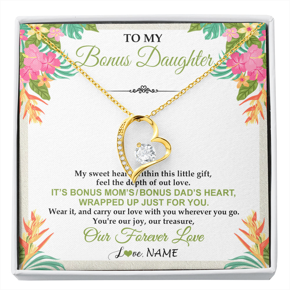 Forever Love Necklace 18K Yellow Gold Finish | 1 | Personalized To My Bonus Daughter Necklace From Stepmom Stepdad My Sweet Heart Birthday Gift For Stepddaughter Christmas Graduation Gift Box Message Card | siriusteestore