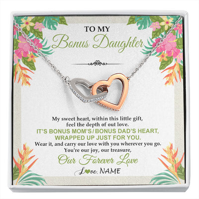 Interlocking Hearts Necklace Stainless Steel & Rose Gold Finish | 1 | Personalized To My Bonus Daughter Necklace From Stepmom Stepdad My Sweet Heart Birthday Gift For Stepddaughter Christmas Graduation Gift Box Message Card | siriusteestore
